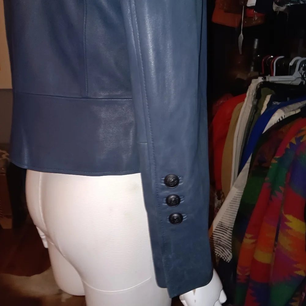 Navy blue leather jacket - Picture 3 of 5